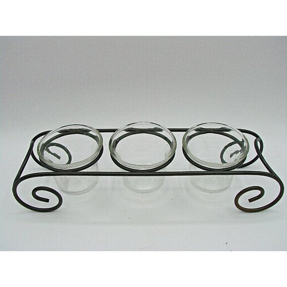 Glass Candle Holder 3 Votive Iron Scroll Mantle Staging Decor Housewarming 11X3" - Picture 2 of 12